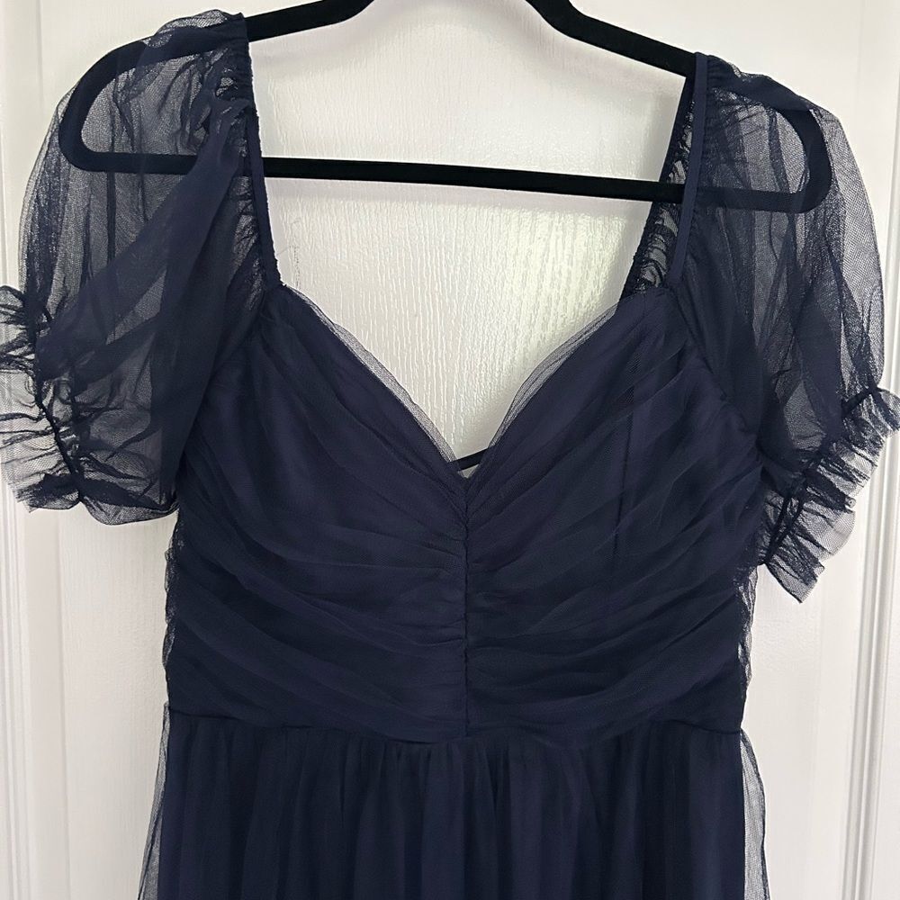 Lulus Romantic Navy Tulle Pleated Puff Sleeve Midi Dress Medium New with Tag - Picture 5 of 13